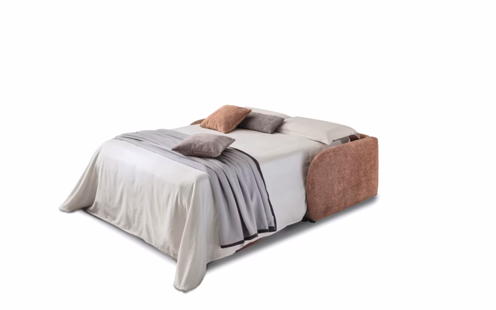 Divano letto Sunny aperto a letto, tessuto terracotta